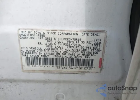 2001 Toyota Highlander V6 z USA, uszkodzony, nr VIN JTEGF21A010016535